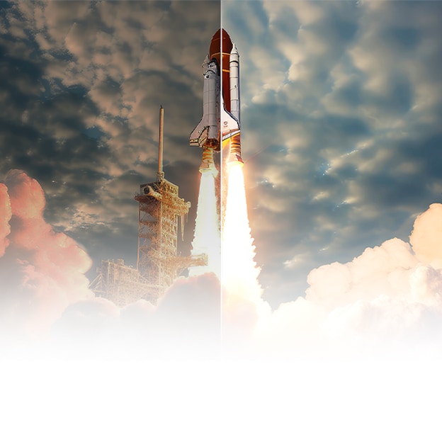 Scene of a space shuttle launch that's split in half. One half of the scene is bright and vivid thanks to the LG brightness boosting algorithms. The other half is dark, faded, and grey.