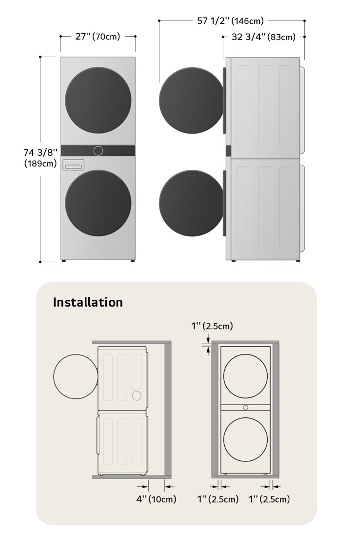 Technical dimension and installation diagram for the LG WashTower: 27 in (70 cm) wide, 74 3/8 in (189 cm) high, 32 3/4 in (83 cm) deep, and 57 1/2 in (146 cm) with door open, detailing installation clearances.