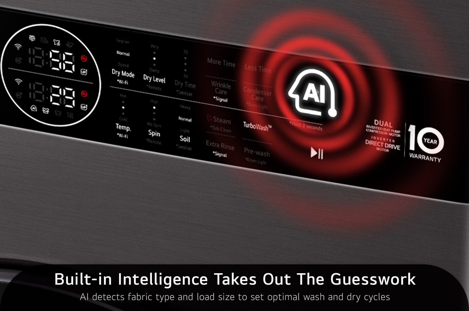 The Center Control™ panel of the LG WashTower WKHC252HBA in Black Steel, highlighting the built-in AI Intelligence that automatically sets optimal wash and dry cycles based on fabric and load size.