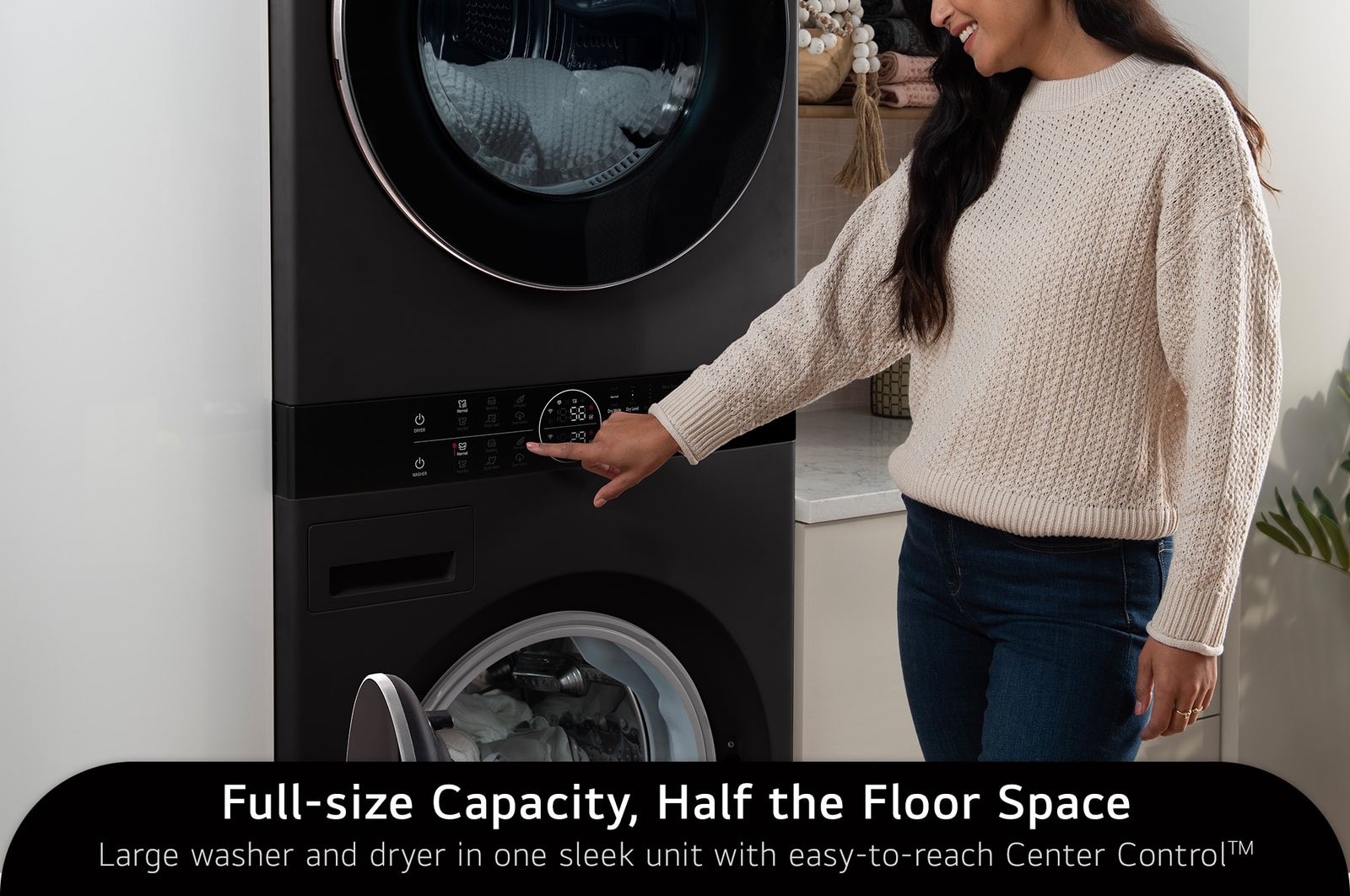 The LG WashTower WKHC252HBA in Black Steel, demonstrating full-size capacity in a half-size footprint, controlled easily via the integrated Center Control™ panel.