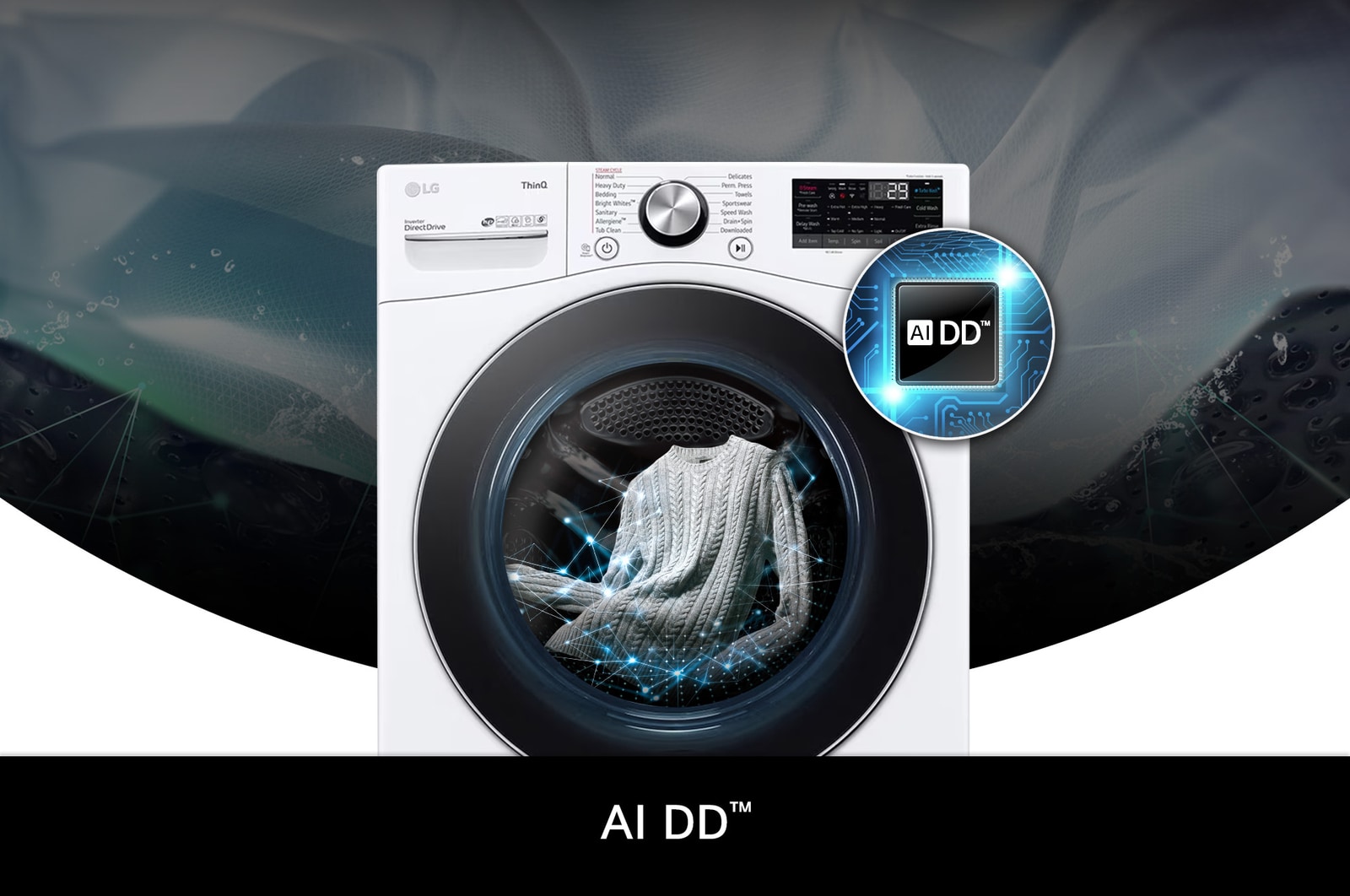 LG Washer WM4100HWA demonstrating AI DD™: Visualization of the AI-powered Direct Drive sensing fabric weight and softness to select the optimal wash pattern.