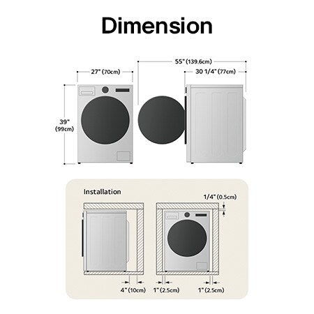 Technical dimension and installation diagram for the LG Compact Front Load Washer: 24 in (60 cm) wide, 33 1/2 in (85 cm) high, 22 1/4 in (56.5 cm) deep, and 43 1/4 in (110 cm) with door open, detailing installation clearances.