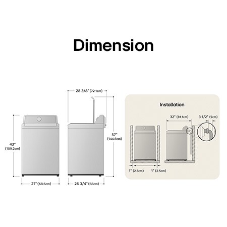 Technical dimension and installation diagram for the LG Top Load Washer: 27 in (68.6 cm) wide, 43 in (109.2 cm) high, 57 in (144.8 cm) lid open height, and 32 in (81.1 cm) required installation depth.