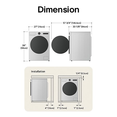 Technical dimension and installation diagram for the LG Front Load Washer Dryer Combo: 27 in (70 cm) wide, 39 in (99 cm) high, 33 1/8 in (84 cm) deep, and 57 3/4 in (146.6 cm) with door open, detailing installation clearances.