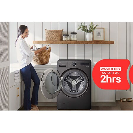 The LG Front Load Washer Dryer Combo WM6998HBA in Black Steel, highlighting its ability to complete a full wash and dry cycle in as fast as 2 hours.