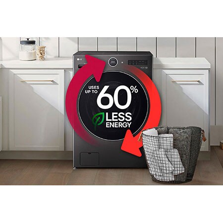 The LG Front Load Washer Dryer Combo WM6998HBA in Black Steel, highlighting its advanced technology that uses up to 60% less energy for superior efficiency.