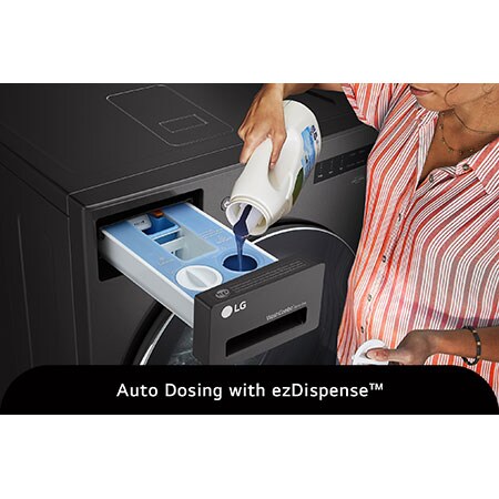 The LG Front Load Washer Dryer Combo WM6998HBA in Black Steel, illustrating a user refilling the ezDispense™ Auto Dosing System, emphasizing the convenience of automatic detergent and softener dispensing.