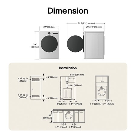 LG dryer technical drawing: W 27"(68.6cm), H 39"(98.9cm), D 29 3/4"(75.6cm) (door open 51 3/8"/130.5cm), incl. clearances.