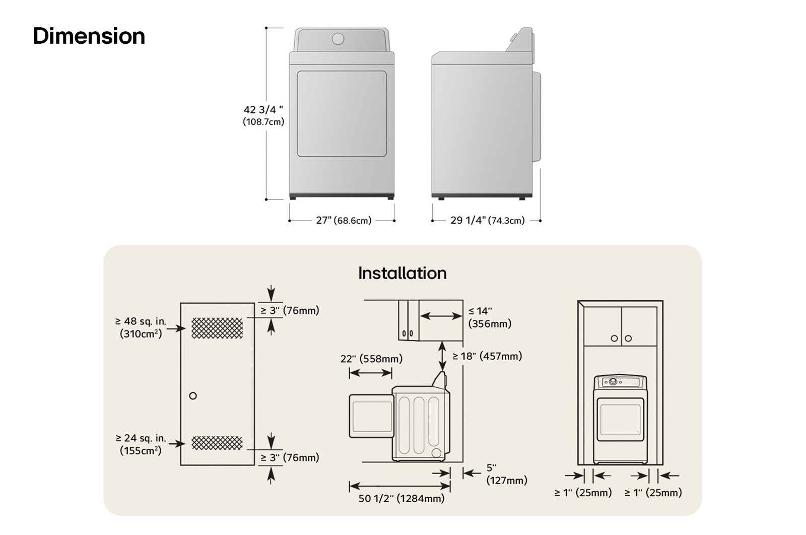 Technical dimension and installation diagram for the LG Dryer: 27 in (68.6 cm) wide, 42 3/4 in (108.7 cm) high, 29 1/4 in (74.3 cm) deep, and 50 1/2 in (1284 mm) with door open, detailing required installation and venting clearances.