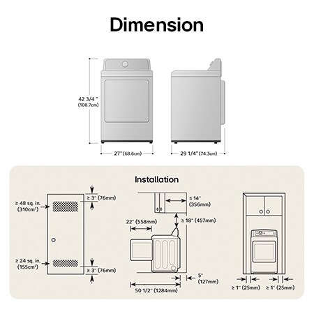 Technical dimension and installation diagram for the LG Dryer: 27 in (68.6 cm) wide, 42 3/4 in (108.7 cm) high, 29 1/4 in (74.3 cm) deep, and 50 1/2 in (1284 mm) with door open, detailing required installation and venting clearances.