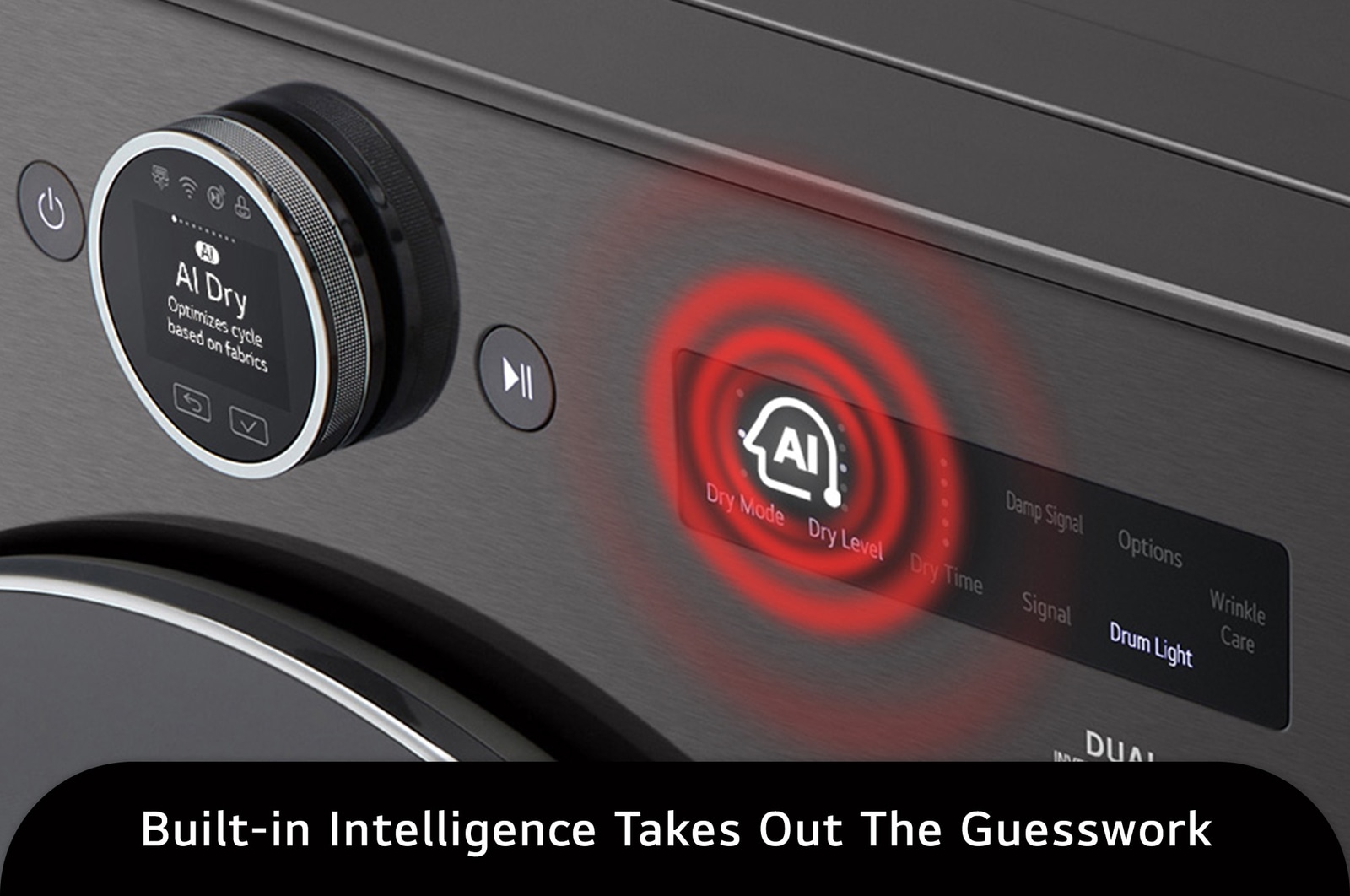 The control panel of the LG Front Load Dryer DLHC6702B in Black Steel, highlighting the AI Dry intelligence that automatically sets the optimal drying cycle based on fabric type.