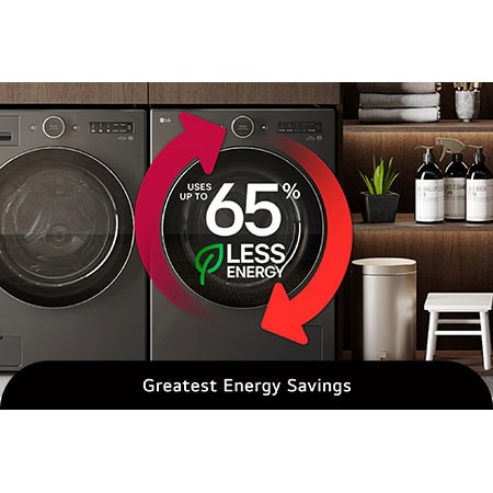 The LG Front Load Dryer DLHC6702B in Black Steel, highlighting its advanced technology that uses up to 65% less energy for superior efficiency.