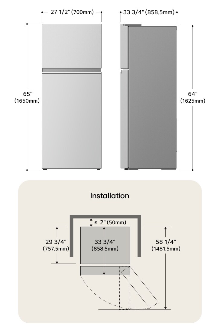 LG Top Freezer Refrigerator technical drawing: H 65"(1650mm), W 27 1/2"(700mm), D 33 3/4"(858.5mm), incl. clearances.