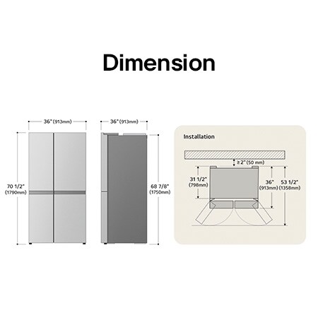 LG LS29S3230V Side-by-Side Refrigerator technical drawing: H 70 1/2"(1790mm), W 36"(913mm), D 36"(913mm), incl. clearances.