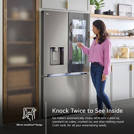 The LG 26 cu.ft. French Door Refrigerator LRYKC2606S, showing the Mirror InstaView® Design panel being knocked on to see inside.
