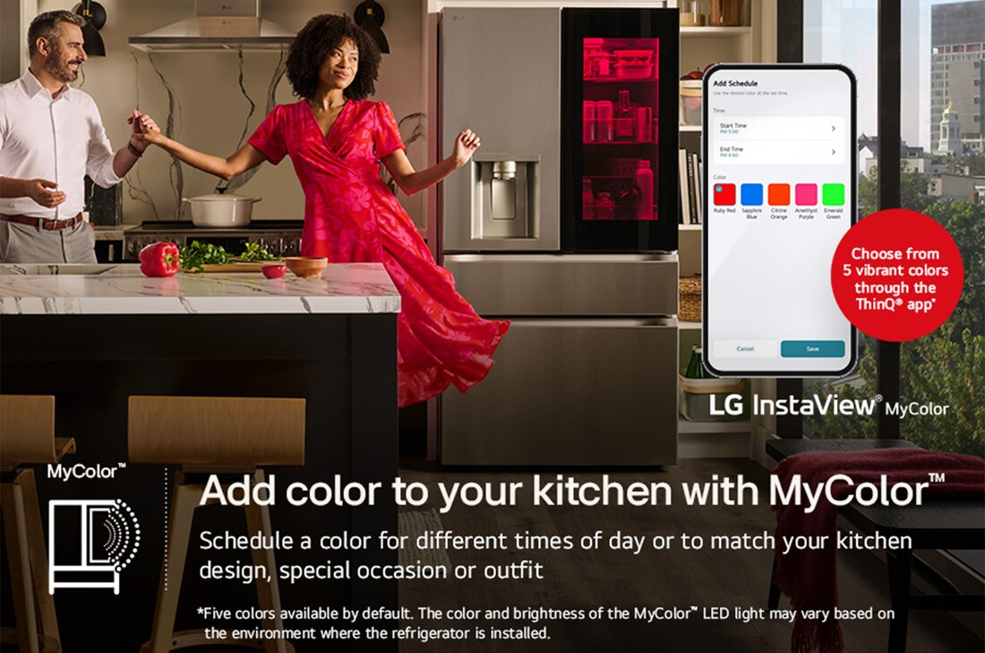 The LG LF29S8365S refrigerator's InstaView® MyColor™ feature, showing the panel light customized via the ThinQ® app with 5 color options.
