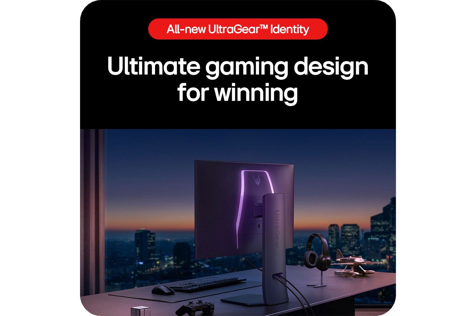 LG UltraGear Gaming Monitor 32GS95UE-B, showcasing the ultimate gaming design with a minimalist stand and UltraGear lighting built for winning.