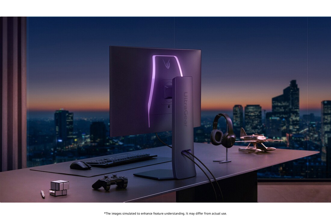 LG UltraGear Gaming Monitor 32GS95UE-B, showcasing the minimalist design and UltraGear lighting against a night cityscape backdrop in a premium gaming setup.