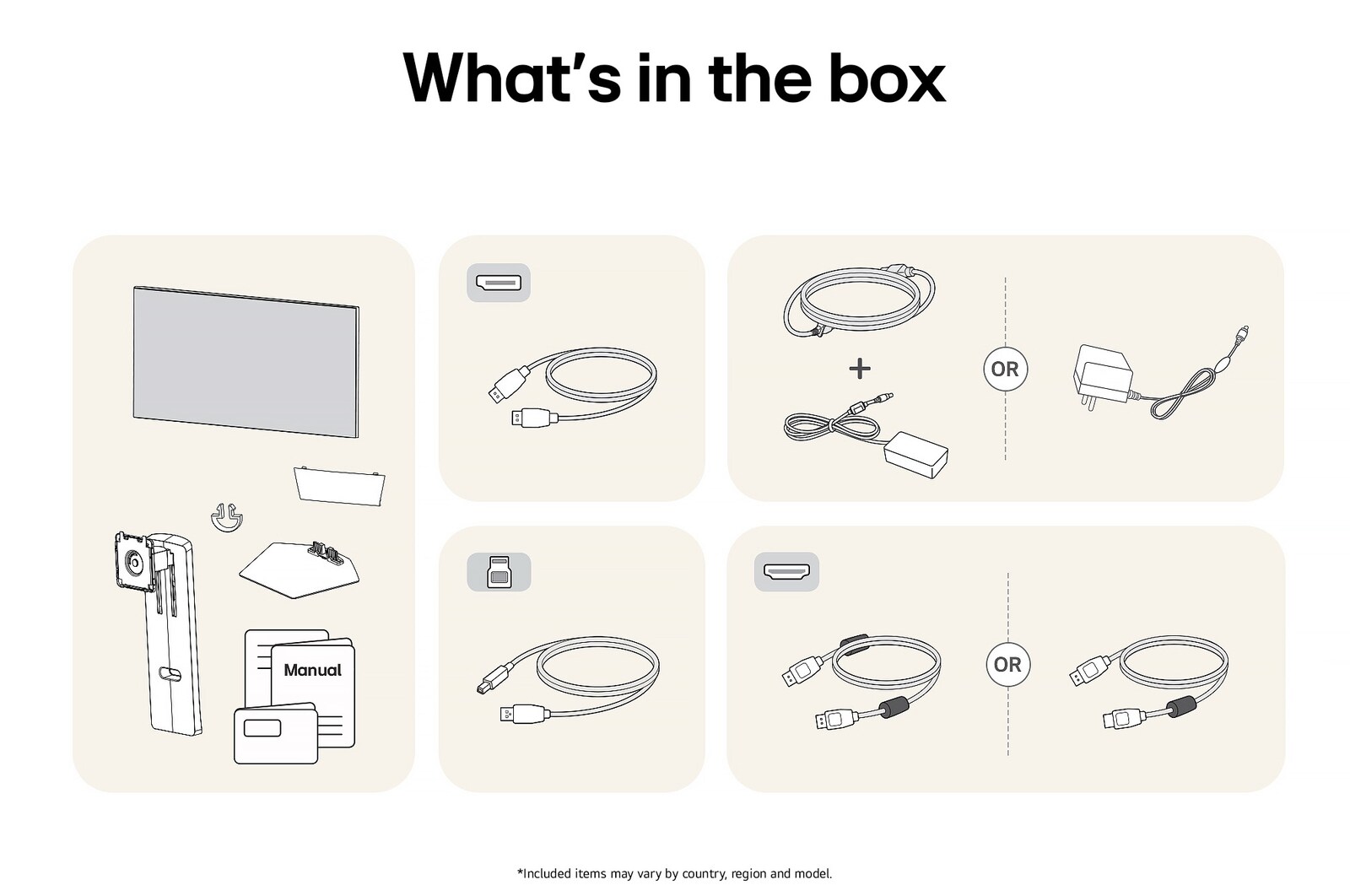 Image of the accessories included with the LG UltraGear Monitor 32GS95UE-B, detailing the manual, AC power adapter, and the included HDMI or DisplayPort cable options.