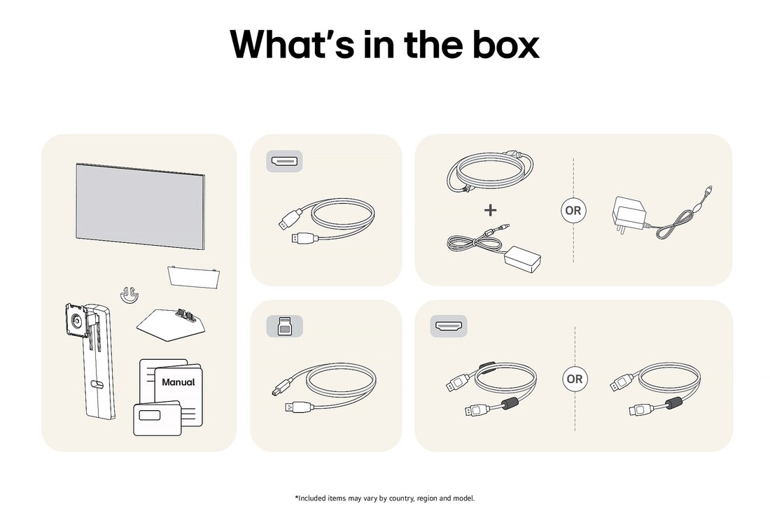 Image of the accessories included with the LG UltraGear Monitor 32GS95UE-B, detailing the manual, AC power adapter, and the included HDMI or DisplayPort cable options.