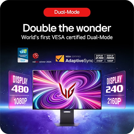 LG UltraGear Gaming Monitor 32GS95UE-B, showcasing the VESA-certified Dual Mode feature with 4K 240Hz and Full HD 480Hz refresh rates.