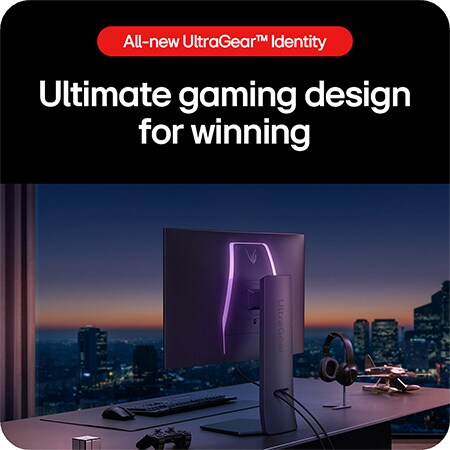 LG UltraGear Gaming Monitor 32GS95UE-B, showcasing the ultimate gaming design with a minimalist stand and UltraGear lighting built for winning.