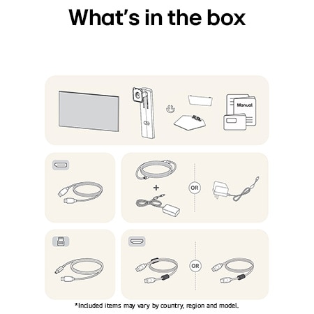 Image of the accessories included with the LG UltraGear Monitor 32GS95UE-B, detailing the manual, AC power adapter, and the included HDMI or DisplayPort cable options.