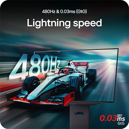 LG Monitor 27GX790A showcasing lightning-fast performance with a 480Hz refresh rate and 0.03ms (GtG) response time for ultra-smooth, high-speed gaming.