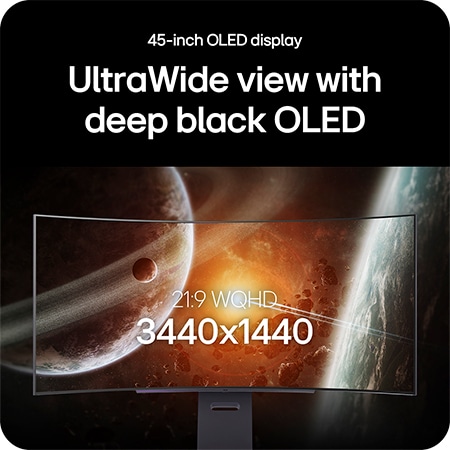 LG Monitor 45GX900A-B showcases the 45-inch UltraWide OLED display, highlighting 21:9 WQHD (3440x1440) resolution and deep black OLED technology for impressive visuals.