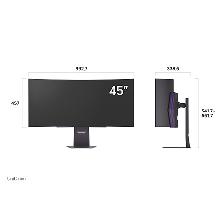 LG Monitor 45GX900A in a dark finish displaying product dimensions of the 45-inch Curved Display, measuring 992.7 mm width, 457 mm display height, 541.7~661.7 mm total height, and 338.6 mm depth.