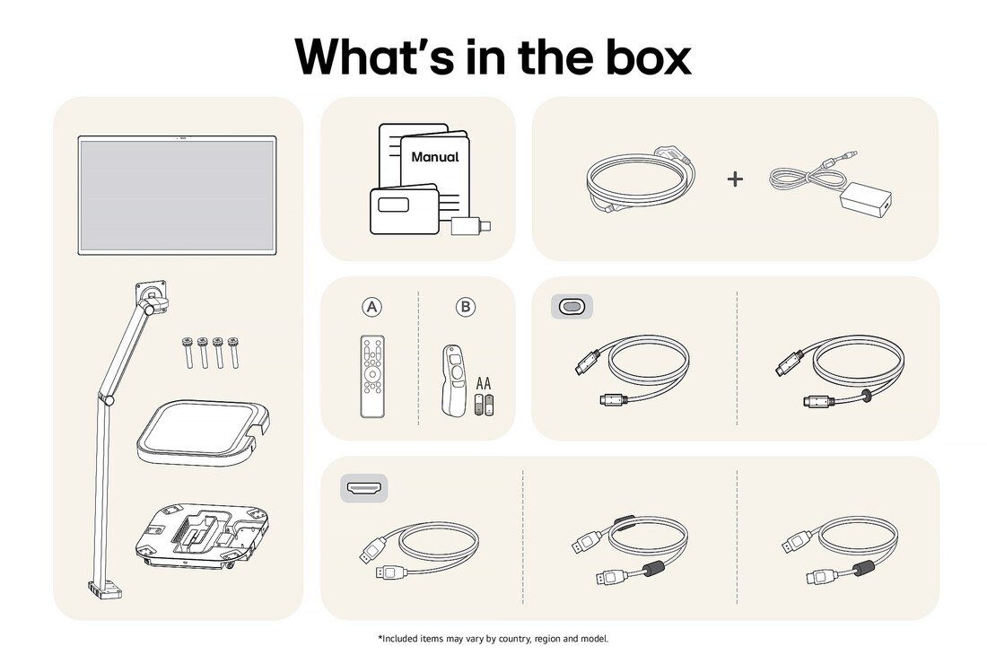 LG Monitor 32U889SA-W showing an overview of all included components, including the monitor body, ergonomic stand parts, manual, remote control, and HDMI, DP, and USB-C cables.