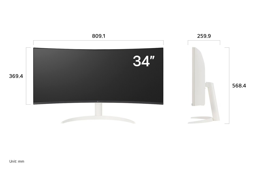 LG Smart Monitor 34SR63QA displaying product dimensions in front and side profile, measuring 809.1 mm width, 369.4 mm display height, 568.4 mm total height, and 259.9 mm depth.