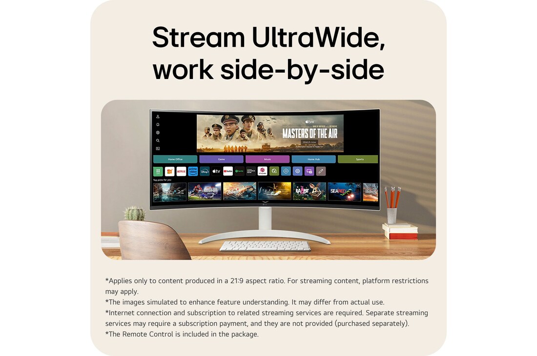 The LG Smart Monitor 34SR63QA with an UltraWide 21:9 screen, ideal for immersive streaming and efficient side-by-side multitasking.