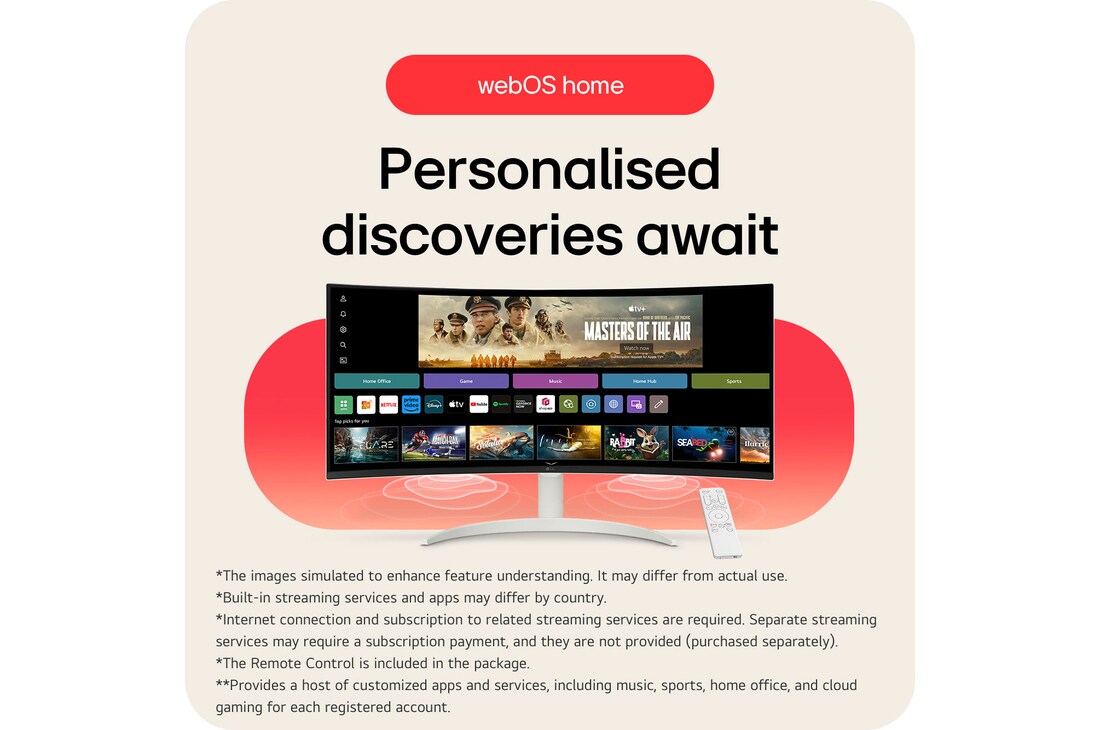 The LG Smart Monitor 34SR63QA with a personalised webOS home screen, enabling easy access to all streaming services and apps.