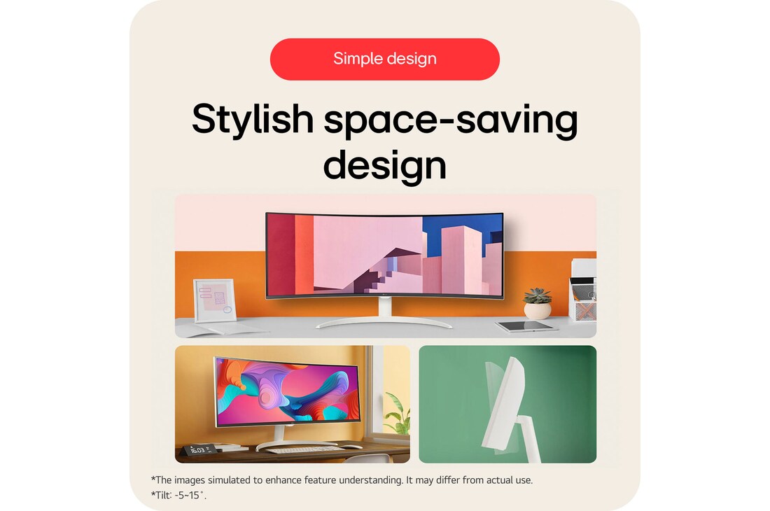 The LG Smart Monitor 34SR63QA features a simple and stylish space-saving design with adjustable tilt functionality.