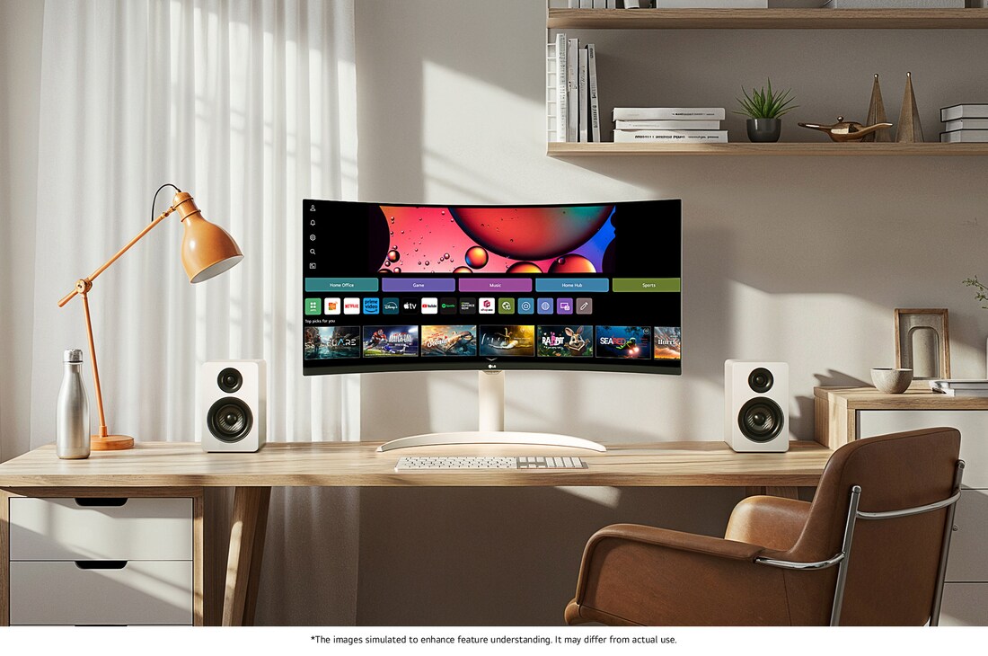 The LG Smart Monitor 34SR63QA in White displays the webOS Home Hub in a stylish desk setup, ideal for productivity and entertainment.