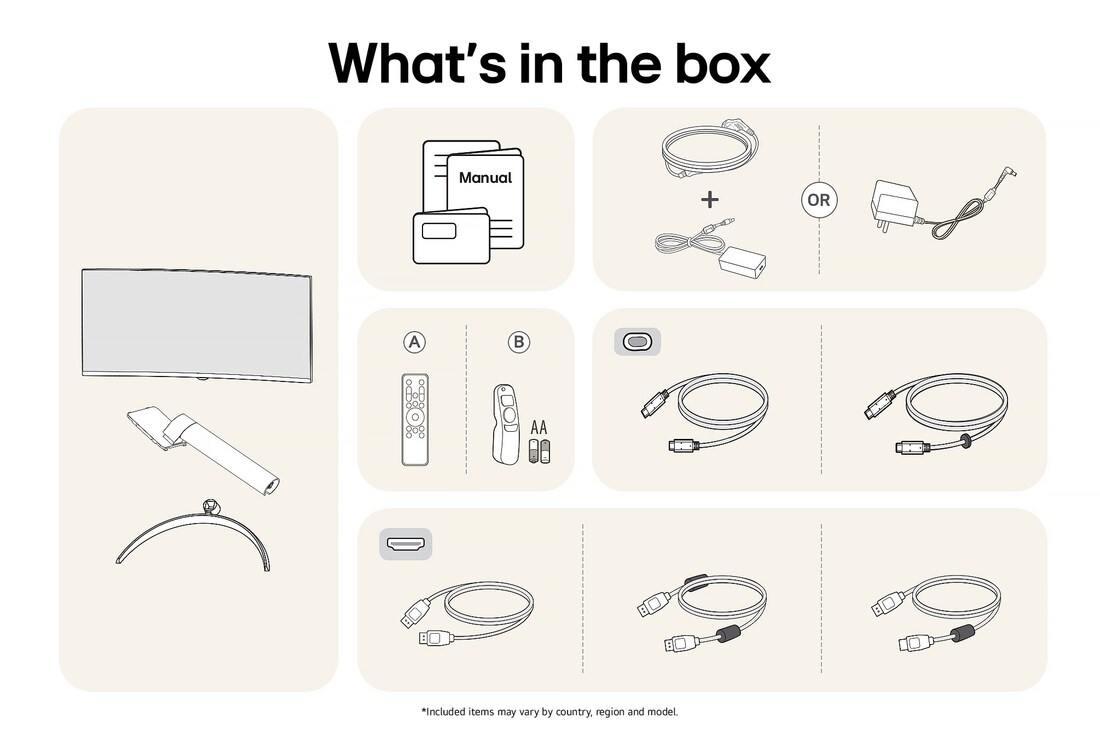 All components included with the LG Smart Monitor 34SR63QA: Monitor, stand parts, Magic Remote controls, manual, and various connectivity cables.