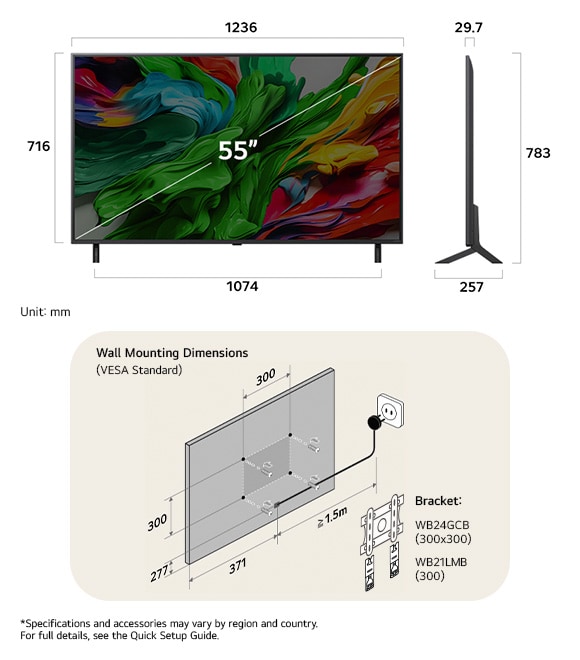 Dimension view of LG QNED MiniLED AI QNED85 4K 55-inch, 1236×783×257 mm, panel 29.7 mm, VESA 300x300.