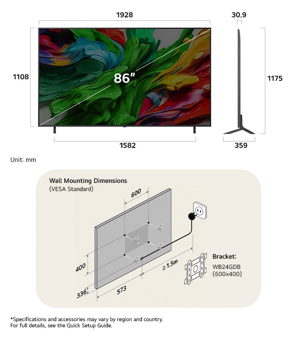 Dimension view of LG QNED MiniLED AI QNED85 4K 86-inch, 1928×1175×359 mm, panel 30.9 mm, VESA 600x400.