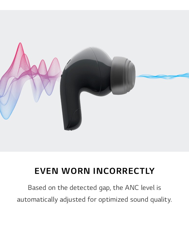 T90 earbud seen from the side. Colorful soundwaves go through the earbud and are quietened by Active Noise Cancellation. The earbud is seen worn in an ear, then the view turns back to the earbud with soundwaves pulsating through.