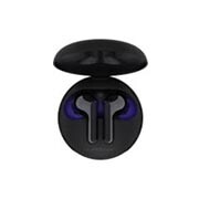 HBS-FN6-A top view of a cradle opened up and two earbuds inside it with UV lighting on