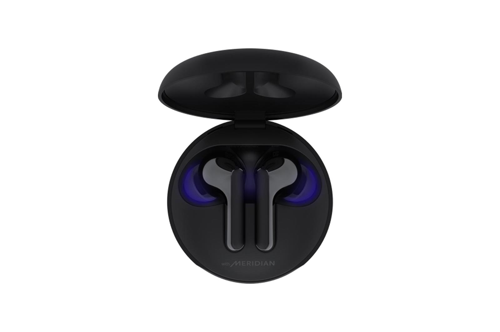 HBS-FN6-A top view of a cradle opened up and two earbuds inside it with UV lighting on