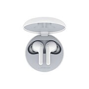 HBS-FN6-A top view of a cradle opened up and two earbuds inside it with UV lighting on
