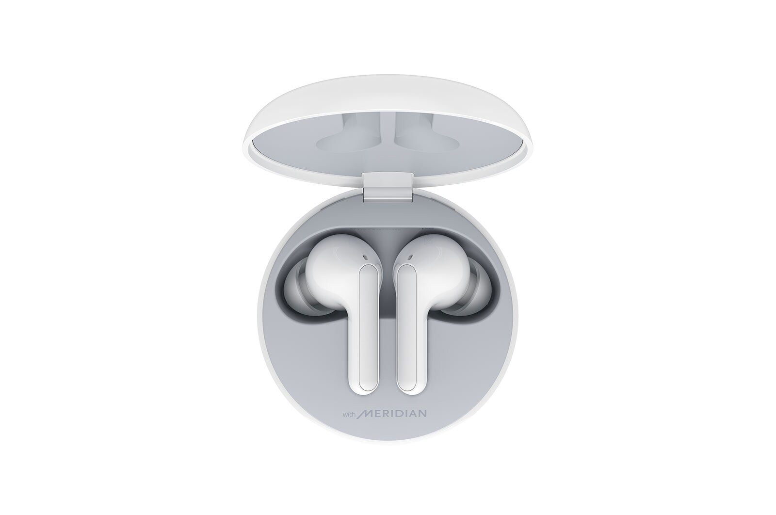 HBS-FN6-A top view of a cradle opened up and two earbuds inside it with UV lighting on