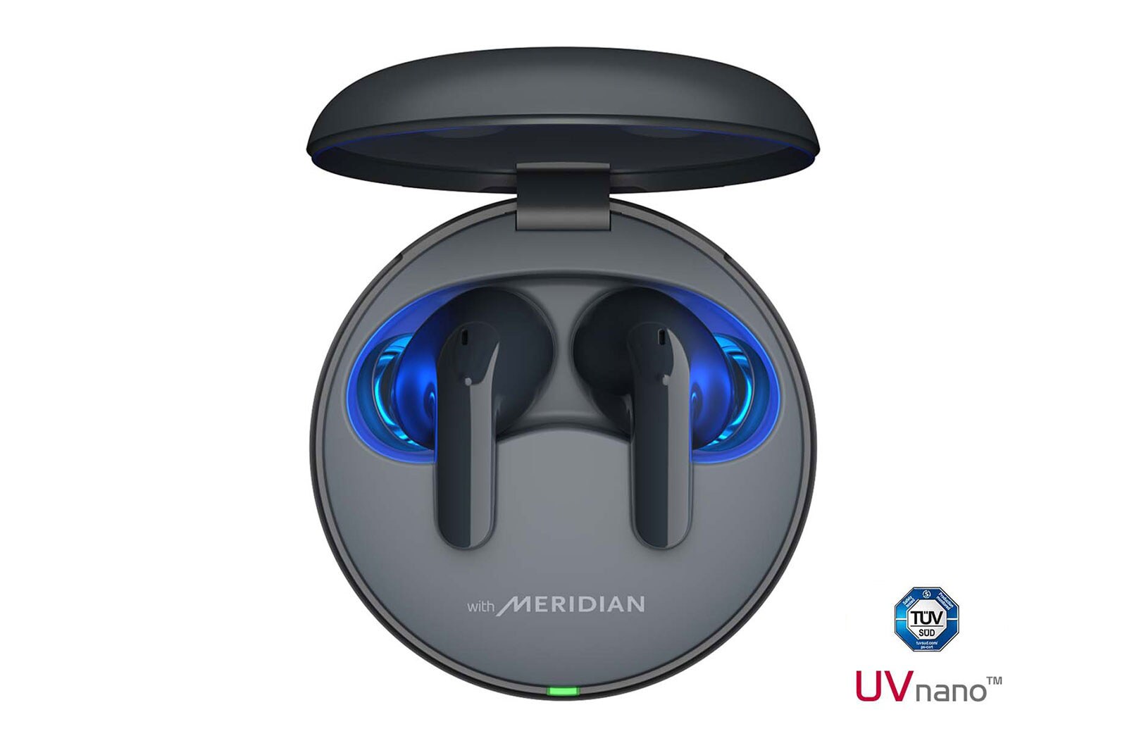 The lid of the cradle is open, showing light coming out through the earbuds inside. The UVnano logo is visible from above.