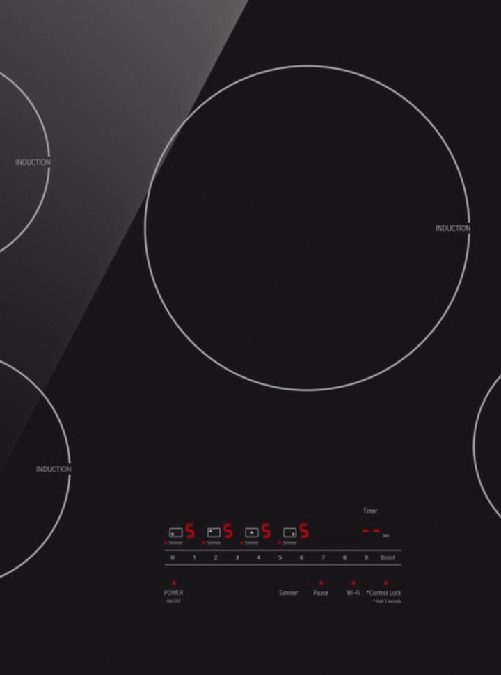 LG induction cooktop video preview showcasing key features: UltraHeat™ 4.3kW element for rapid boiling and precise simmering, cookware compatibility with built-in rating indicator for optimal performance, and ThinQ® smart technology for remote control and seamless syncing with other smart LG appliances.