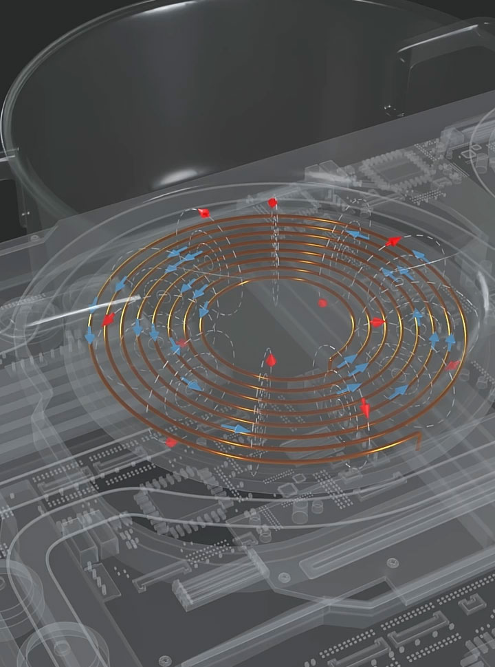 LG induction cooktop video preview explaining how induction works, featuring key benefits: energy transfers directly to cookware for fast, efficient heating; requires compatible magnetic cookware; and offers instant response to temperature changes for precise cooking.