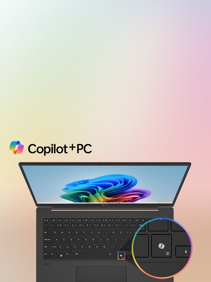 LG gram Pro laptop with Copilot+ PC, featuring a vibrant display, AI-enhanced productivity, and a close-up of the dedicated Copilot key for seamless AI-powered functionality.