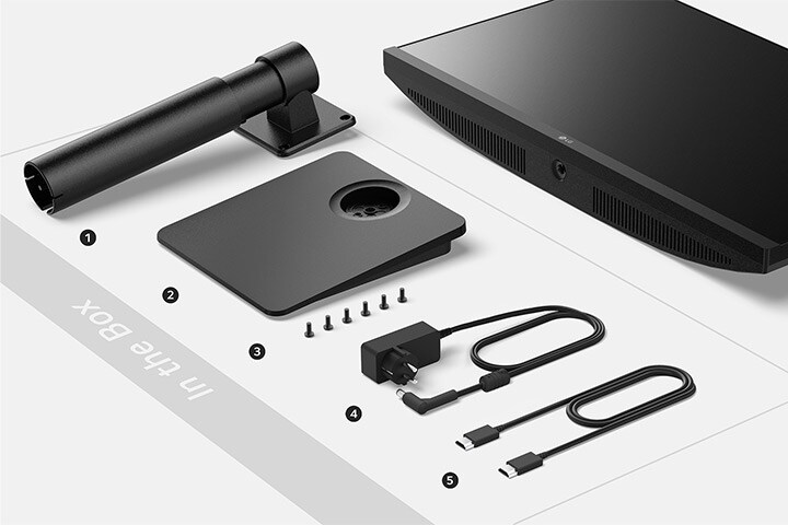 Stand body, Stand base, Screws, Adapter+Power code and HDMI cable in the box.