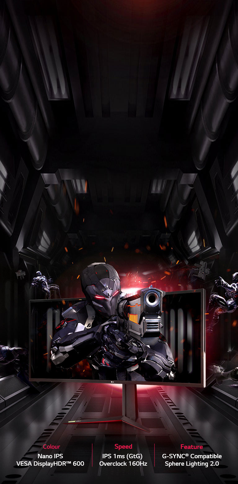 LG UltraGear™ provides various features; Nano IPS and VESA DisplayHDR™ 600 for colour,  IPS 1ms (GtG) and Overclock 160Hz for speed, G-SYNC® Compatible and Sphere Lighting 2.0 for gaming feature.